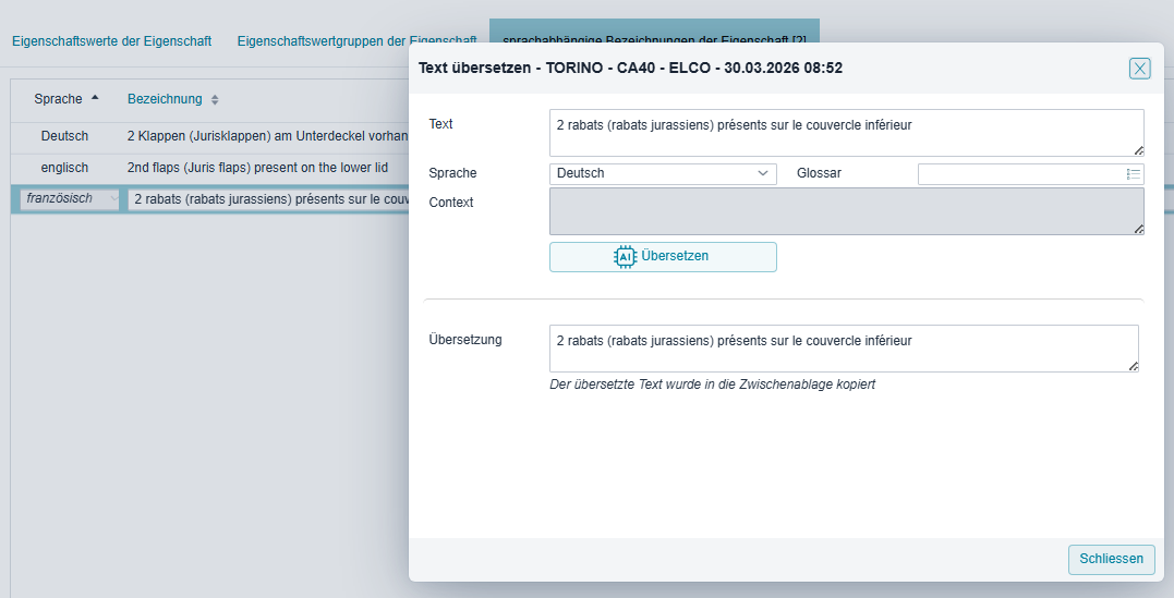 DeepL-Übersetzung im Kontextmenü von tosca.web